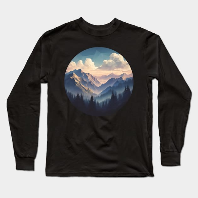 Low Poly Mountain Forest at Sunset Long Sleeve T-Shirt by Antipodal point